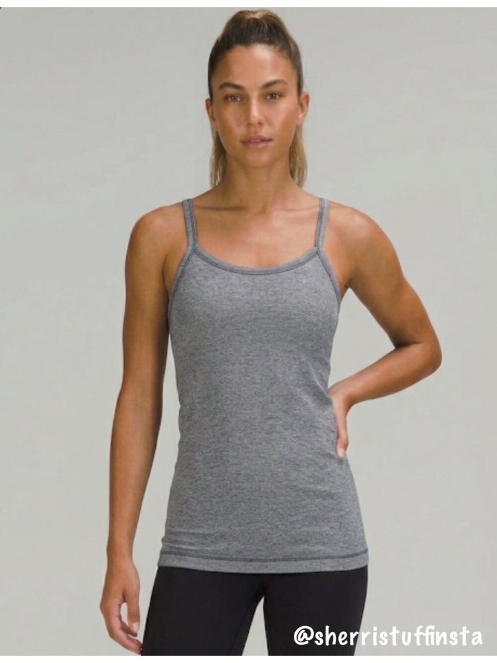 Lululemon Power Y Tank Top Grey Blue Wee Stripe Luon Built-In Bra Yoga 4